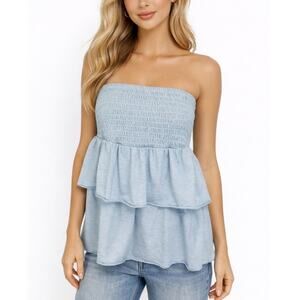 2/$15 Simply Southern Smocked Tiered Strapless Top Baby Blue Layered Size M